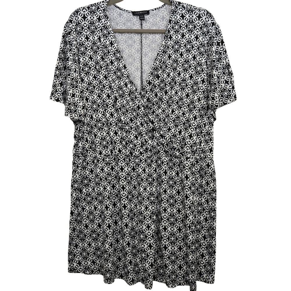 Lane Bryant Chic Black White Geometric Faux Wrap Top Surplice Short Sleeve 18/20 - Picture 1 of 9